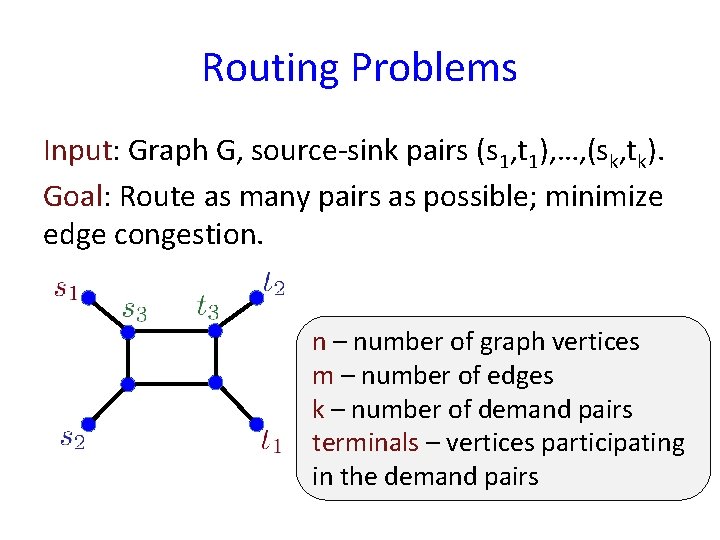 Routing Problems Input: Graph G, source-sink pairs (s 1, t 1), …, (sk, tk).