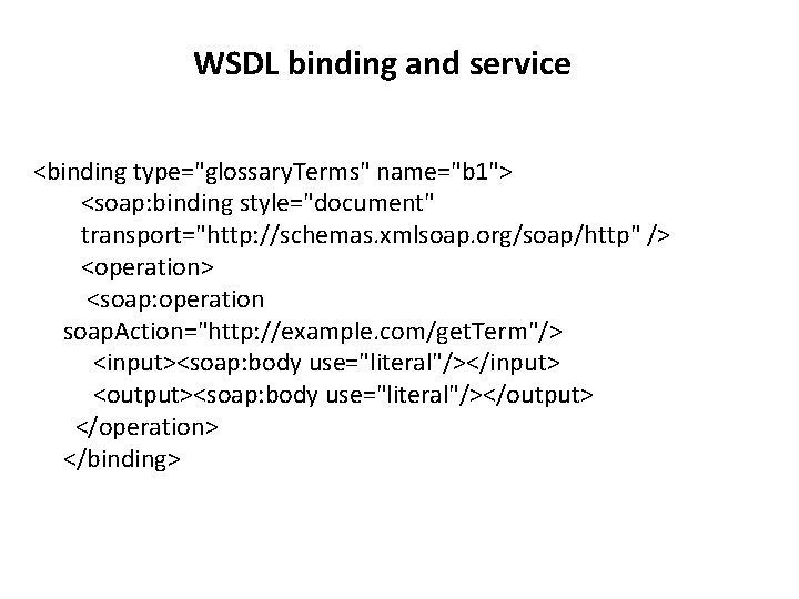 WSDL binding and service <binding type="glossary. Terms" name="b 1"> <soap: binding style="document" transport="http: //schemas.