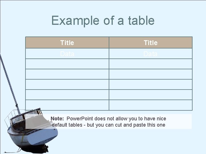 Example of a table Title Data Note: Power. Point does not allow you to