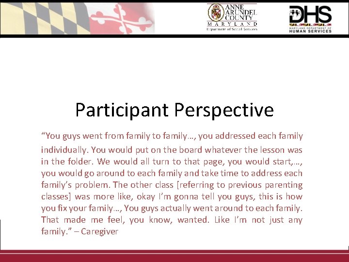 Participant Perspective “You guys went from family to family…, you addressed each family individually.