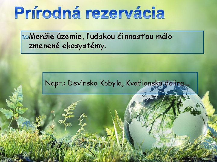  Menšie územie, ľudskou činnosťou málo zmenené ekosystémy. Napr. : Devínska Kobyla, Kvačianska dolina.