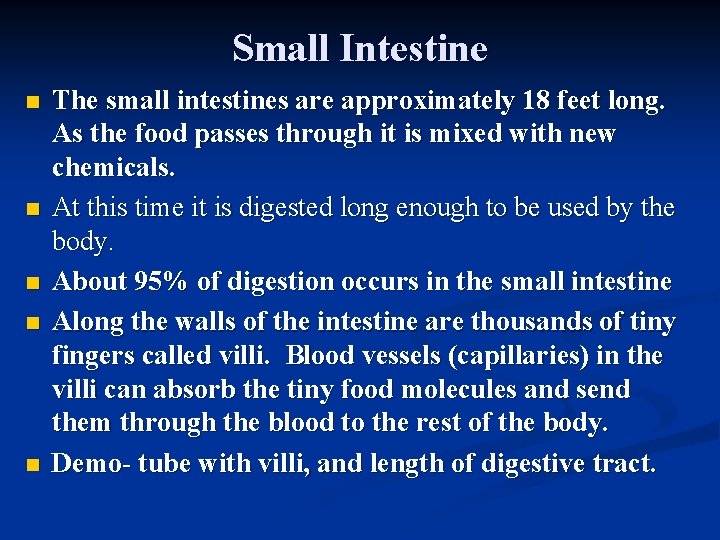 Small Intestine n n n The small intestines are approximately 18 feet long. As