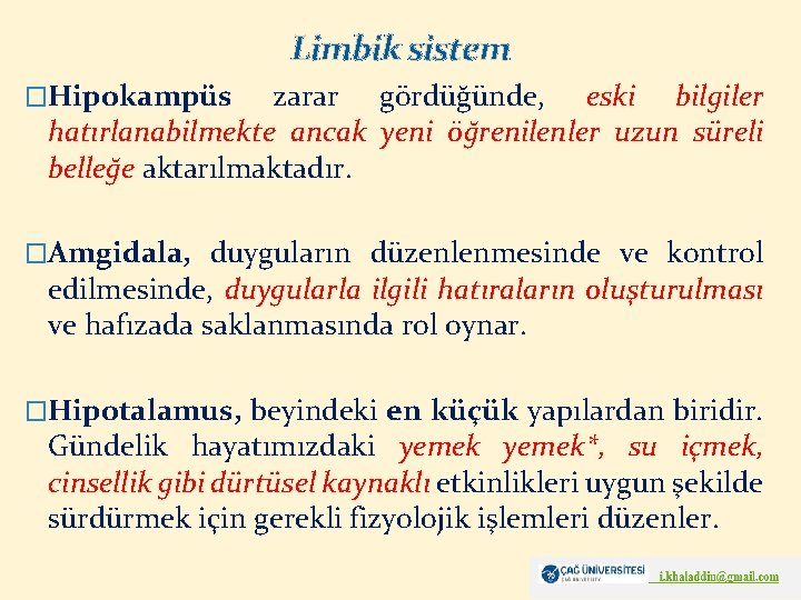 Limbik sistem �Hipokampüs zarar gördüğünde, eski bilgiler hatırlanabilmekte ancak yeni öğrenilenler uzun süreli belleğe