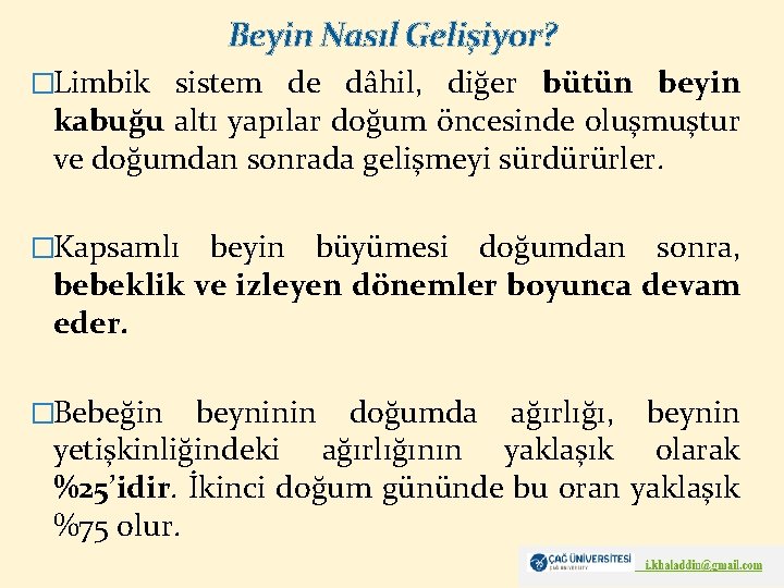 Beyin Nasıl Gelişiyor? �Limbik sistem de dâhil, diğer bütün beyin kabuğu altı yapılar doğum