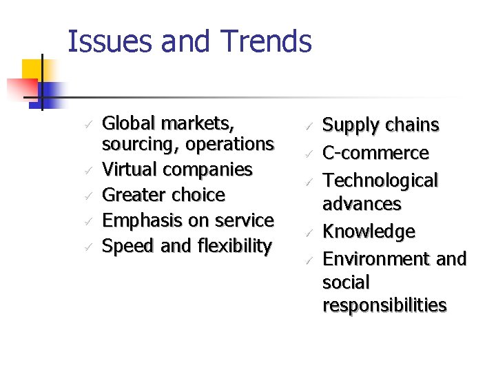 Issues and Trends ü ü ü Global markets, sourcing, operations Virtual companies Greater choice