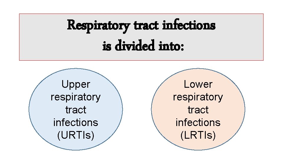 Respiratory tract infections is divided into: Upper respiratory tract infections (URTIs) Lower respiratory tract