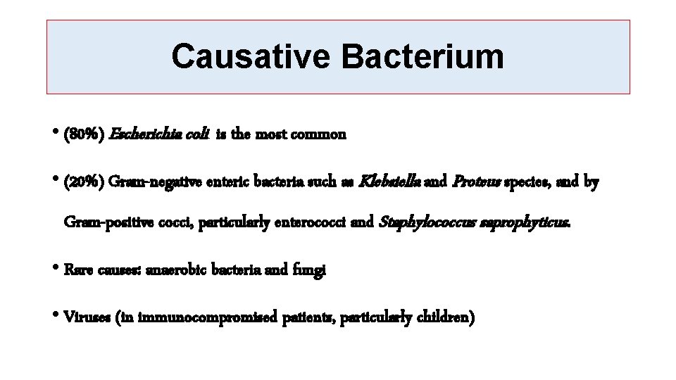 Causative Bacterium • (80%) Escherichia coli is the most common • (20%) Gram-negative enteric