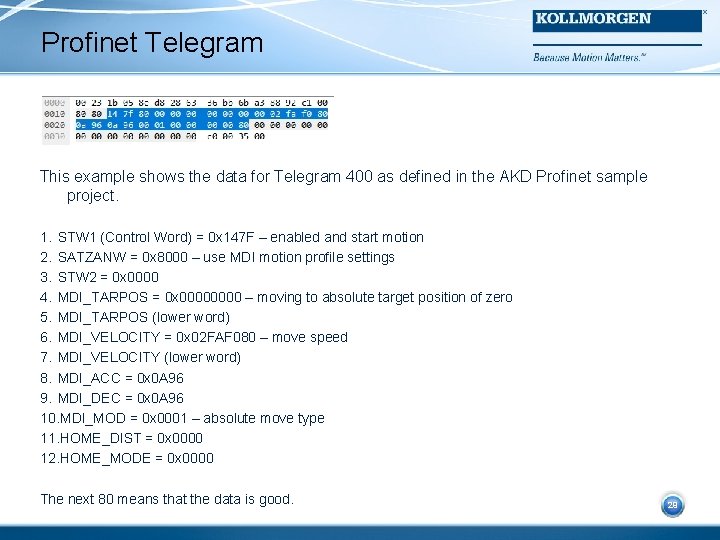 Profinet Telegram This example shows the data for Telegram 400 as defined in the