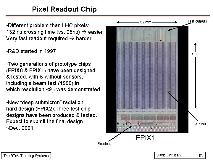 Pixel Readout Chip • Different problem than LHC pixels: 132 ns crossing time (vs.