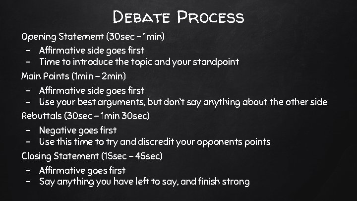 Debate Process Opening Statement (30 sec - 1 min) - Affirmative side goes first