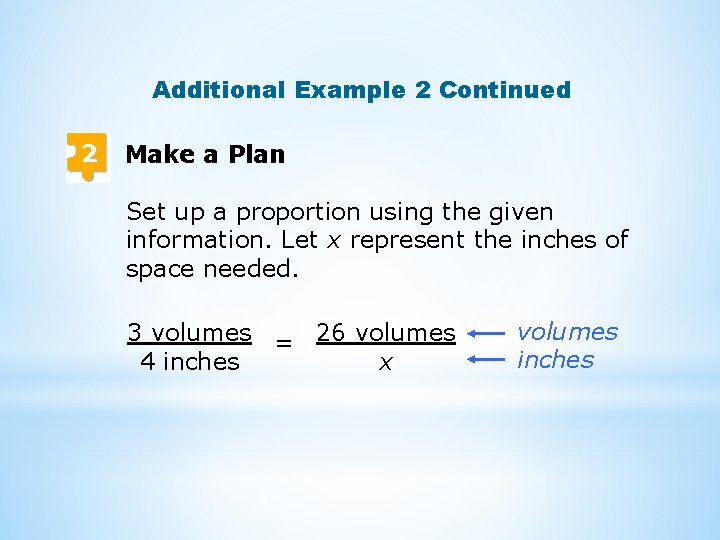 Additional Example 2 Continued 2 Make a Plan Set up a proportion using the