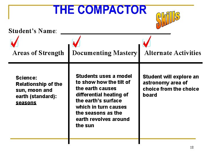 Student’s Name: ________________ Areas of Strength Science: Relationship of the sun, moon and earth