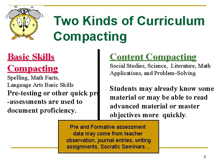 Two Kinds of Curriculum Compacting Basic Skills Compacting Content Compacting Spelling, Math Facts, Language