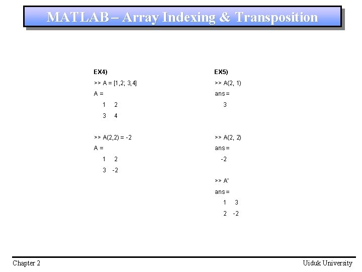 MATLAB – Array Indexing & Transposition EX 4) EX 5) >> A = [1,