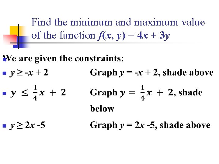 Find the minimum and maximum value of the function f(x, y) = 4 x