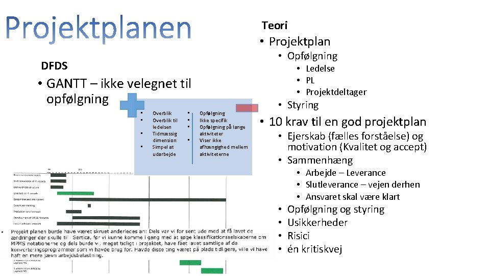 Teori • Projektplan • Opfølgning DFDS • Ledelse • PL • Projektdeltager • GANTT