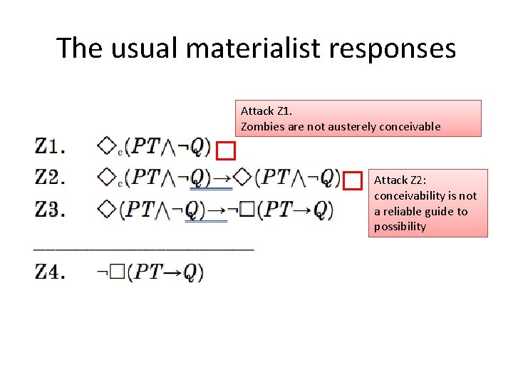 The usual materialist responses Attack Z 1. Zombies are not austerely conceivable � �