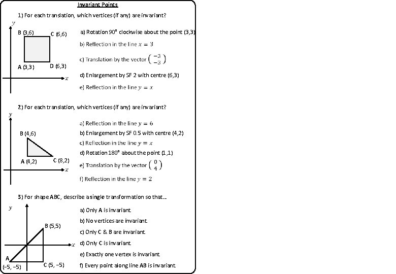 Invariant Points 1) For each translation, which vertices (if any) are invariant? B (3,