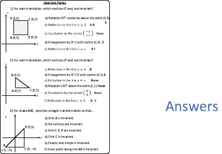 Invariant Points 1) For each translation, which vertices (if any) are invariant? B (3,