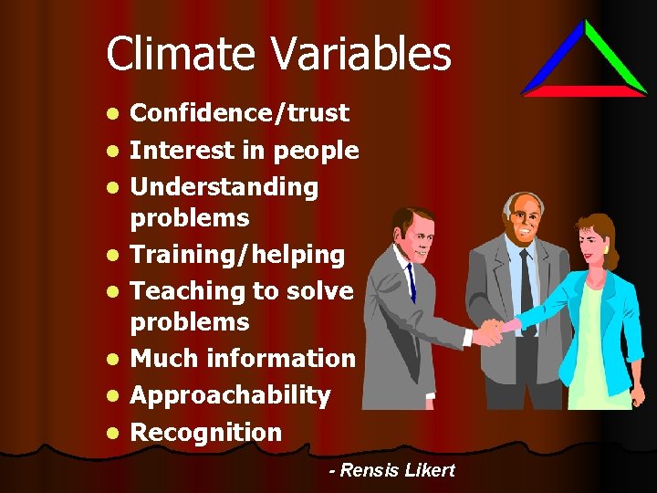 Climate Variables l l l l Confidence/trust Interest in people Understanding problems Training/helping Teaching