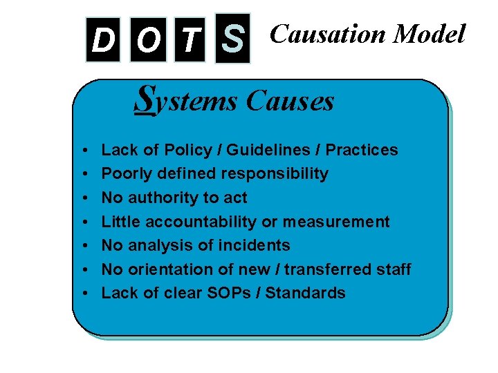 D O T S Causation Model Systems Causes • • Lack of Policy /