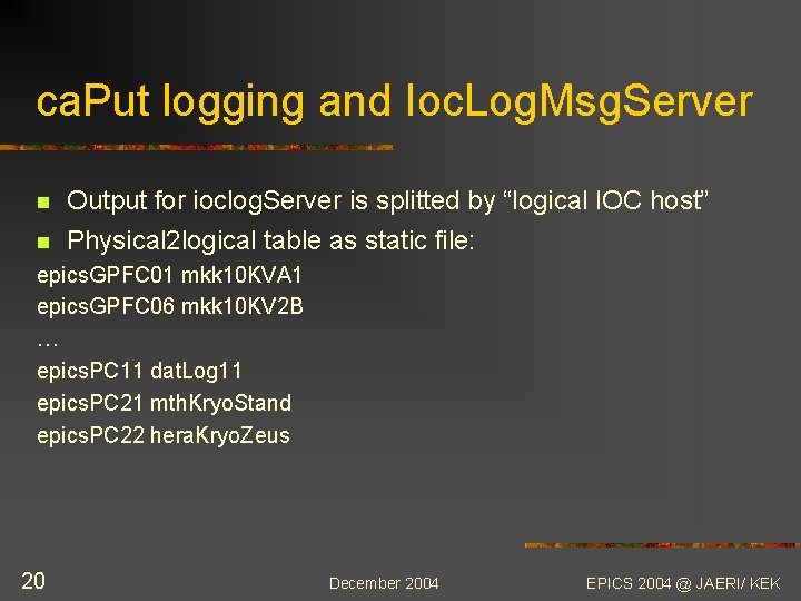 ca. Put logging and Ioc. Log. Msg. Server n Output for ioclog. Server is