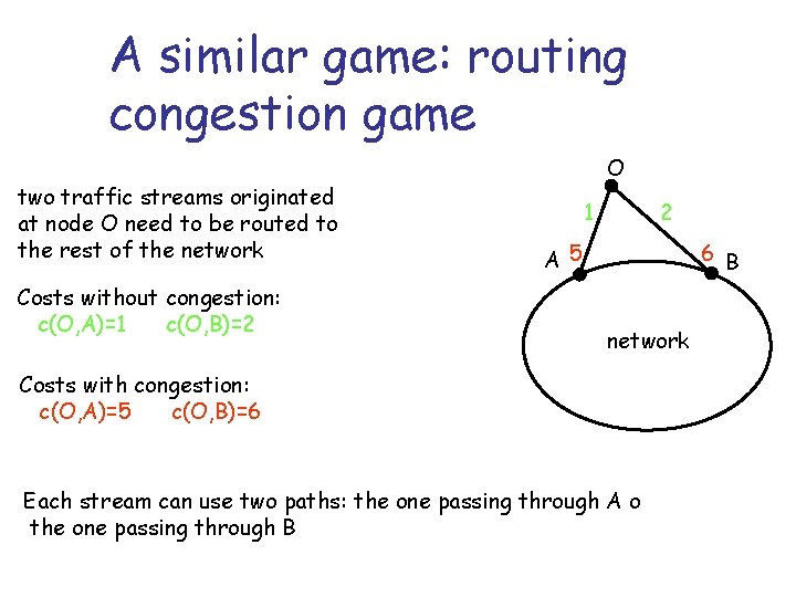 A similar game: routing congestion game two traffic streams originated at node O need