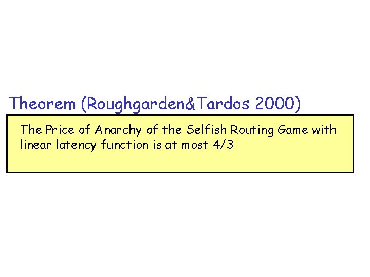 Theorem (Roughgarden&Tardos 2000) The Price of Anarchy of the Selfish Routing Game with linear