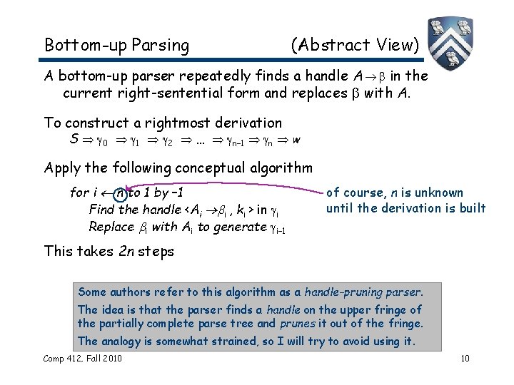Bottom-up Parsing (Abstract View) A bottom-up parser repeatedly finds a handle A in the Bottom-up Parsing (Abstract View) A bottom-up parser repeatedly finds a handle A in the