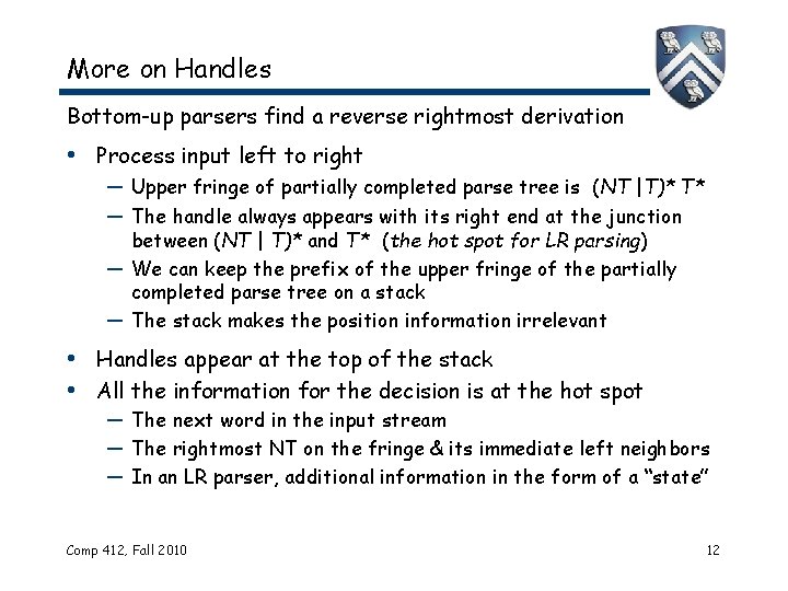 More on Handles Bottom-up parsers find a reverse rightmost derivation • Process input left More on Handles Bottom-up parsers find a reverse rightmost derivation • Process input left