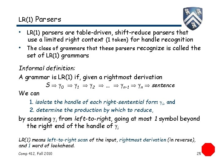 LR(1) Parsers • LR(1) parsers are table-driven, shift-reduce parsers that use a limited right LR(1) Parsers • LR(1) parsers are table-driven, shift-reduce parsers that use a limited right