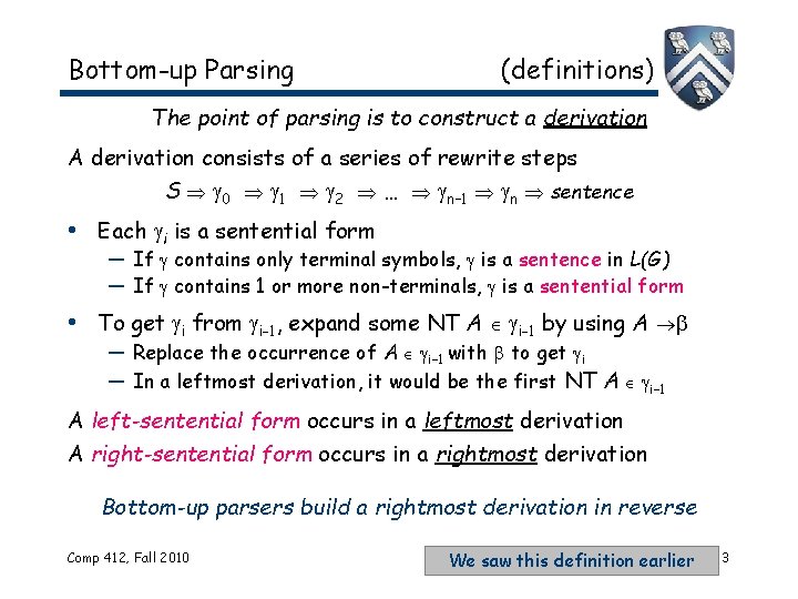 Bottom-up Parsing (definitions) The point of parsing is to construct a derivation A derivation Bottom-up Parsing (definitions) The point of parsing is to construct a derivation A derivation