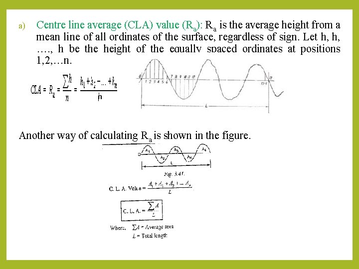 a) Centre line average (CLA) value (Ra): Ra is the average height from a