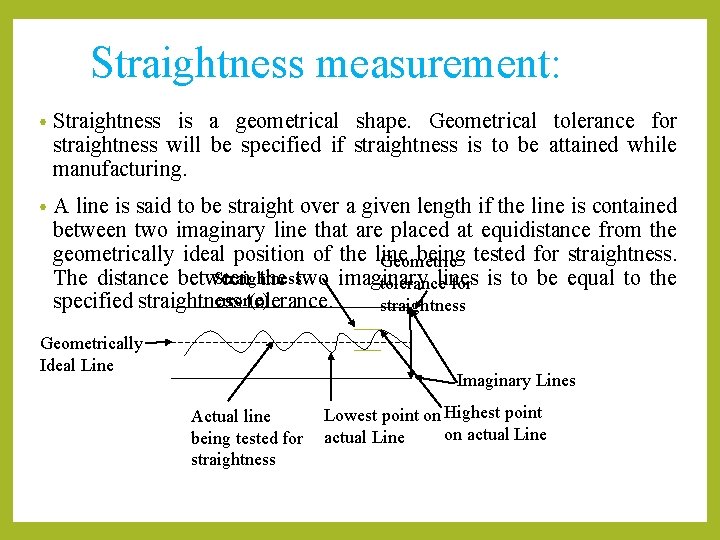 Straightness measurement: • Straightness is a geometrical shape. Geometrical tolerance for straightness will be