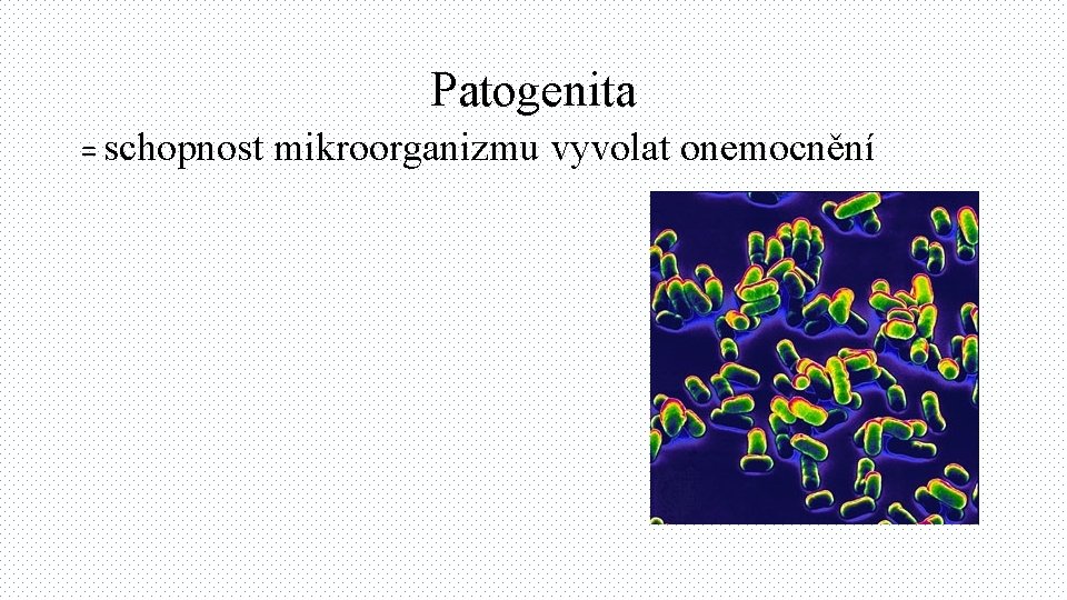 Patogenita = schopnost mikroorganizmu vyvolat onemocnění 