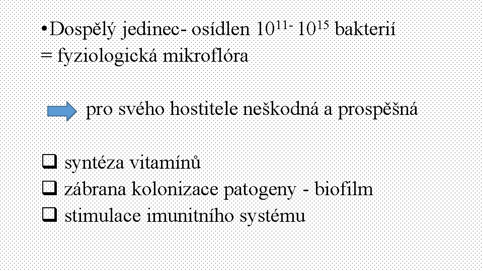  • Dospělý jedinec- osídlen 1011 - 1015 bakterií = fyziologická mikroflóra pro svého