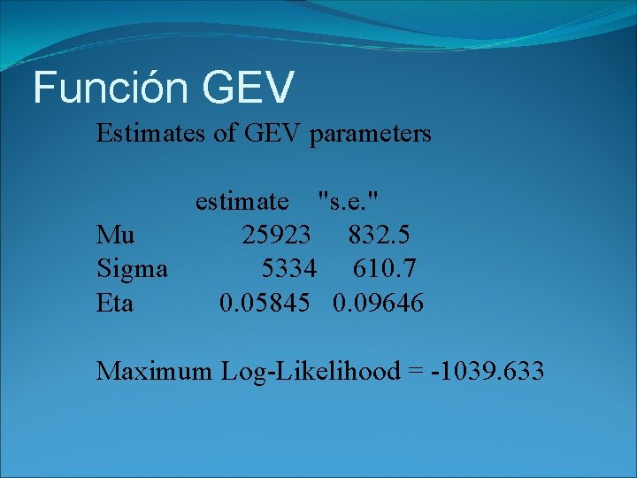 Función GEV Estimates of GEV parameters estimate "s. e. " Mu 25923 832. 5