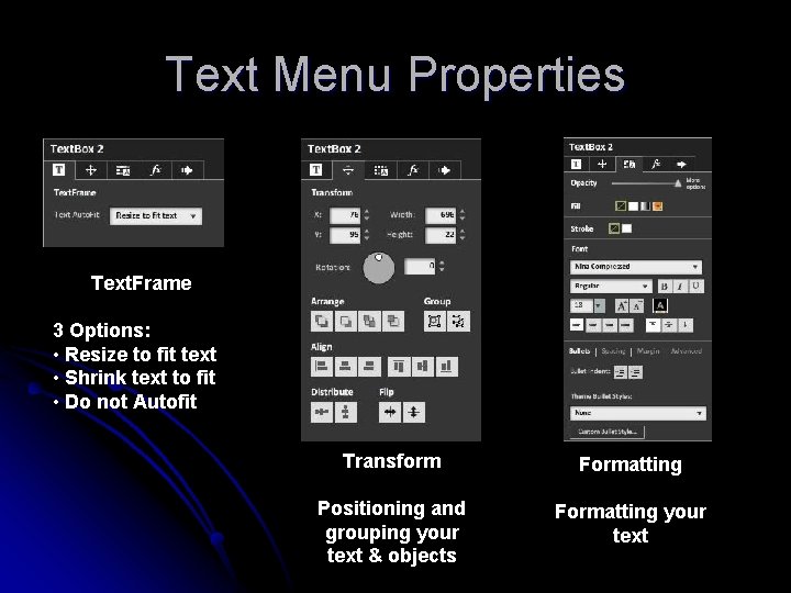 Text Menu Properties Text. Frame 3 Options: • Resize to fit text • Shrink