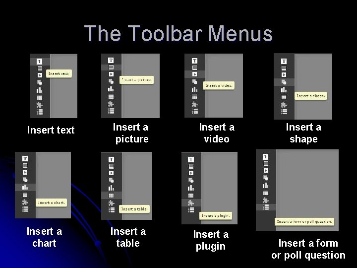 The Toolbar Menus Insert text Insert a picture Insert a chart Insert a table