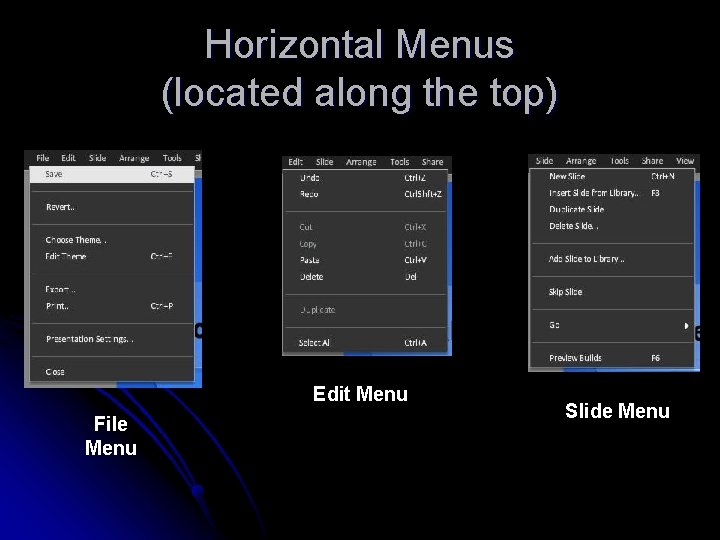 Horizontal Menus (located along the top) Edit Menu File Menu Slide Menu 