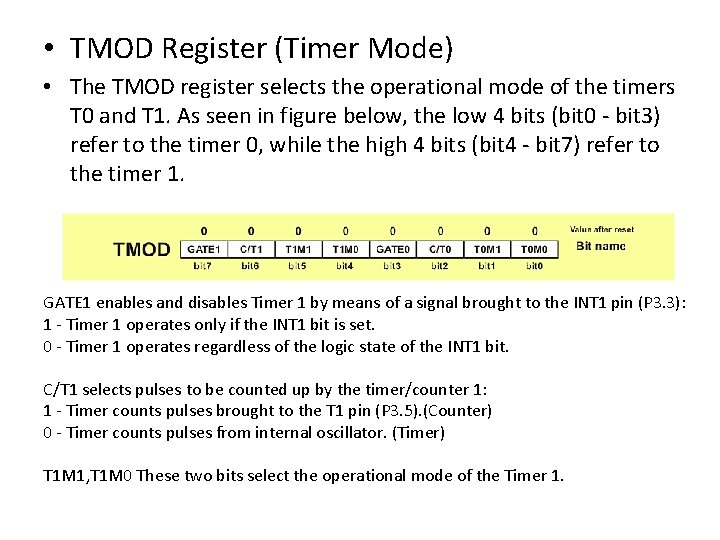  • TMOD Register (Timer Mode) • The TMOD register selects the operational mode