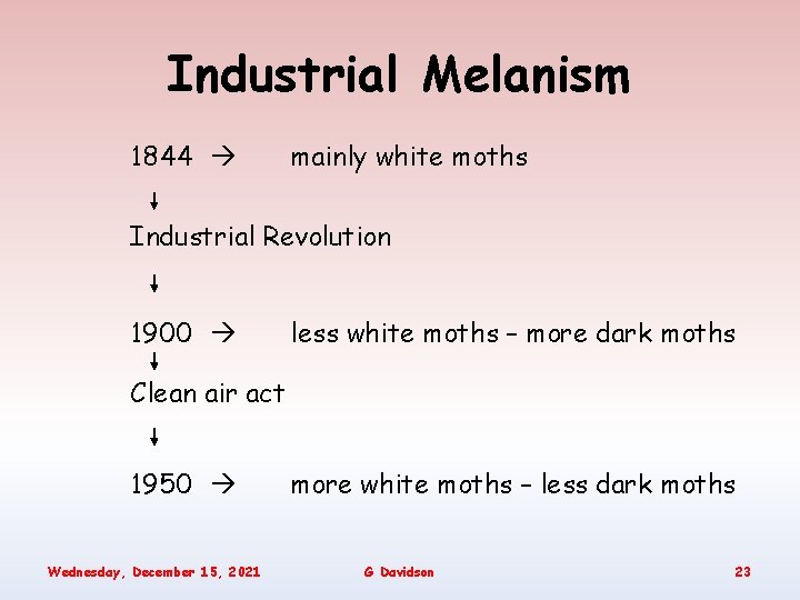 Industrial Melanism 1844 mainly white moths Industrial Revolution 1900 less white moths – more