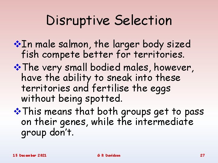 Disruptive Selection v. In male salmon, the larger body sized fish compete better for