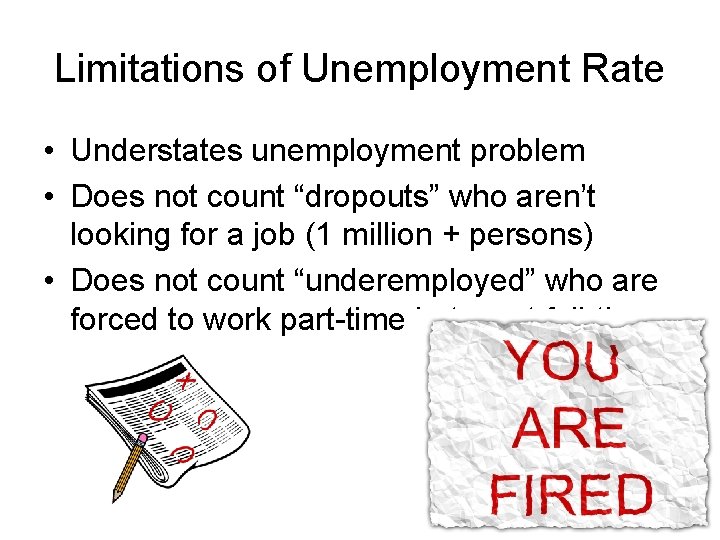 Limitations of Unemployment Rate • Understates unemployment problem • Does not count “dropouts” who