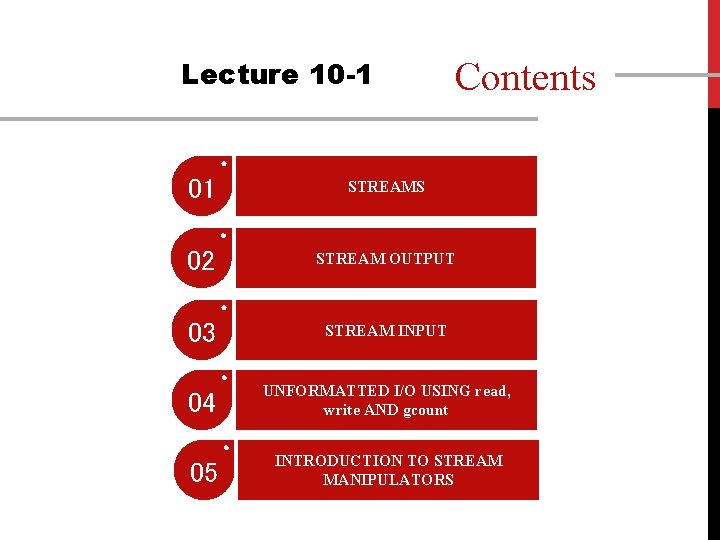 Lecture 10 -1 Contents 01 STREAMS 02 STREAM OUTPUT 03 STREAM INPUT 04 UNFORMATTED Lecture 10 -1 Contents 01 STREAMS 02 STREAM OUTPUT 03 STREAM INPUT 04 UNFORMATTED