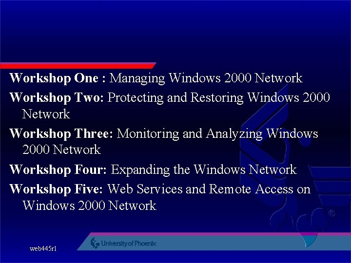 Workshop One : Managing Windows 2000 Network Workshop Two: Protecting and Restoring Windows 2000