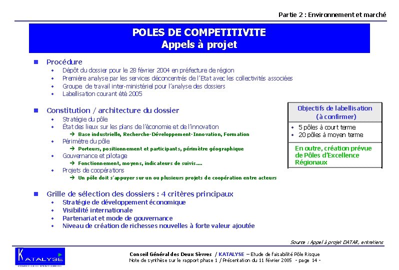 Partie 2 : Environnement et marché POLES DE COMPETITIVITE Appels à projet n Procédure