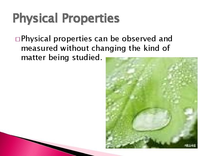 Physical Properties � Physical properties can be observed and measured without changing the kind