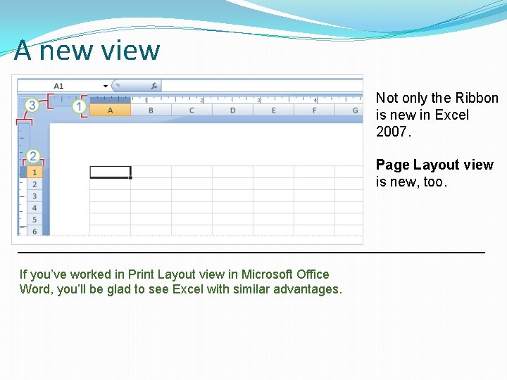 A new view Not only the Ribbon is new in Excel 2007. Page Layout A new view Not only the Ribbon is new in Excel 2007. Page Layout