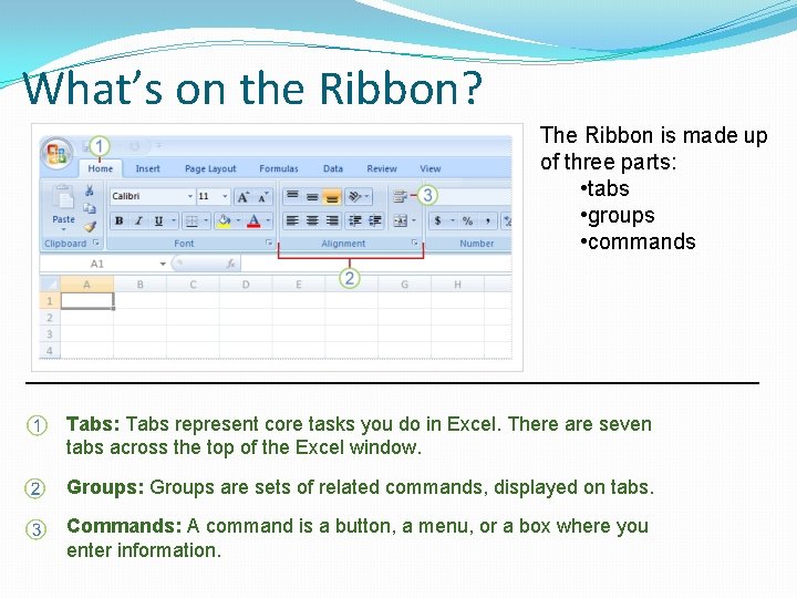 What’s on the Ribbon? The Ribbon is made up of three parts: • tabs What’s on the Ribbon? The Ribbon is made up of three parts: • tabs